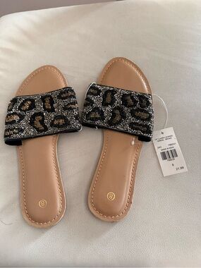 Beaded Leopard Slide Sandals - Black/Tan